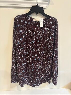 LOFT Burgundy Floral Button-Front Blouse (NWT)